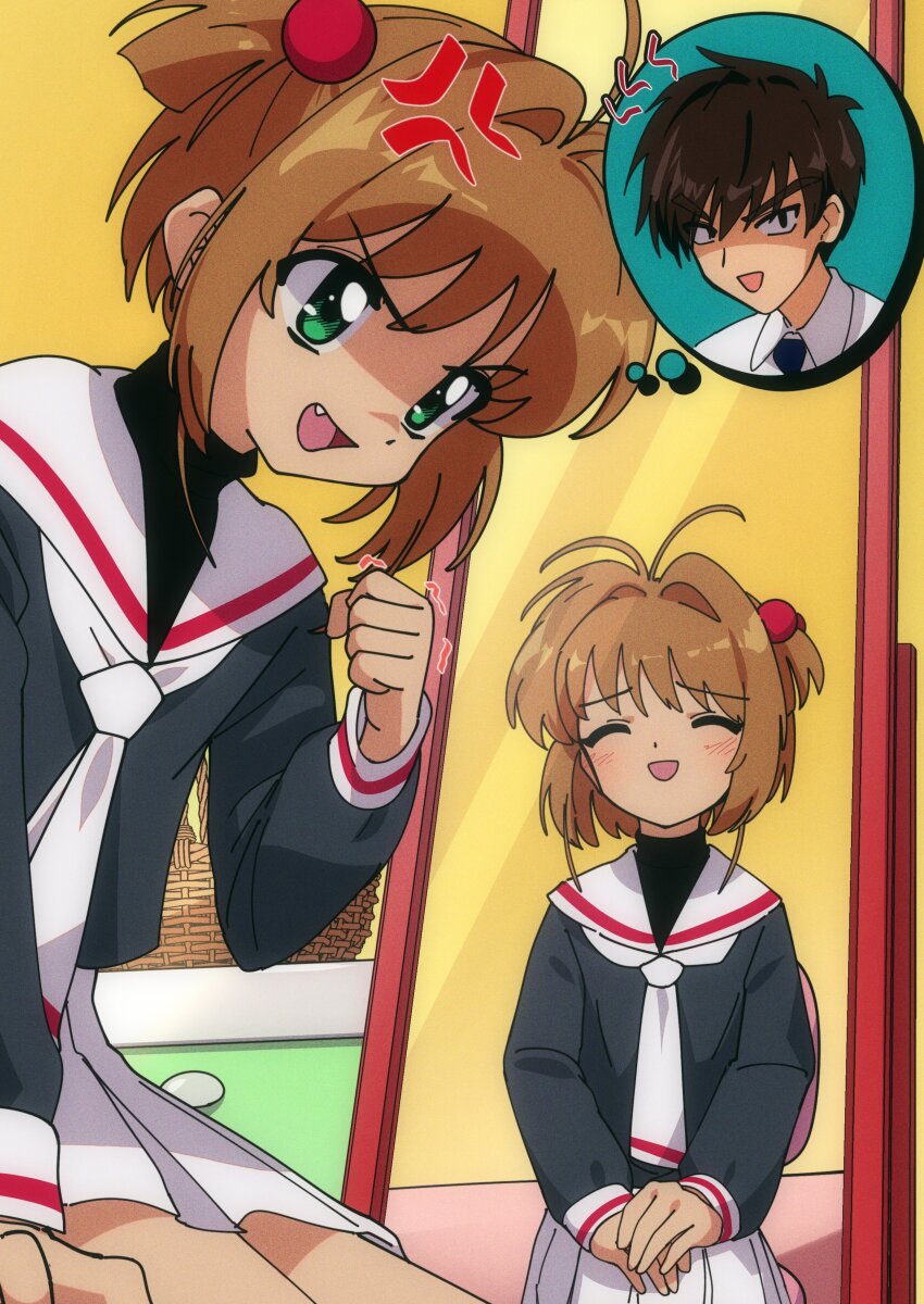 1boy, absurdres, blush, brown_hair, cardcaptor_sakura, child, closed_eyes, different_reflection