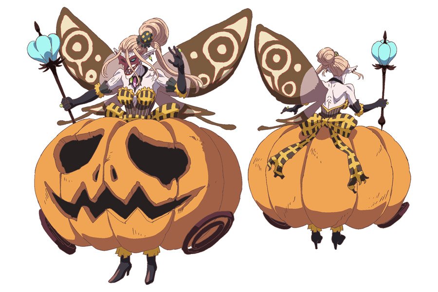 1girl, aqua_eyes, black_gloves, breasts, chaos_godmother_(grimms_notes), collar, domino_mask, elbow_gloves, eye_mask, glasgow_smile, gloves, grimms_notes, grimms_notes_the_animation, hair_bun, holding, holding_staff, holding_weapon, kawashima_hisashi, mask, monster_girl, multiple_views, no_pupils, official_art, orange_hair, pale_skin, pumpkin_costume, ribbon, staff, weapon, wheel, wings