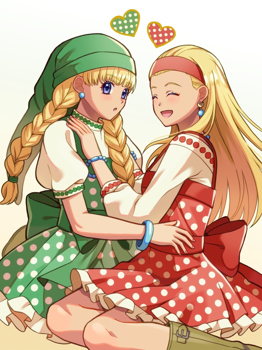 2girls, :d, :o, ^_^, affectionate, aged_up, blonde_hair, blue_eyes, boots, braid, ch1emon_i, closed_eyes, commentary_request, cosplay, costume_switch, dragon_quest, dragon_quest_xi, earrings, green_hat, hairband, hat, heart, highres, hug, jewelry, multiple_girls, open_mouth, red_hairband, senya_(dq11), siblings, sisters, sitting, smile, sphere_earrings, twin_braids, veronica_(dq11), white_background