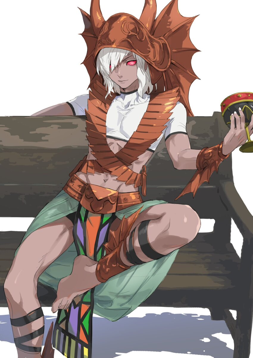 1boy, baal_(megami_tensei), barefoot, chalice, colored_sclera, commentary_request, cup, dark-skinned_male