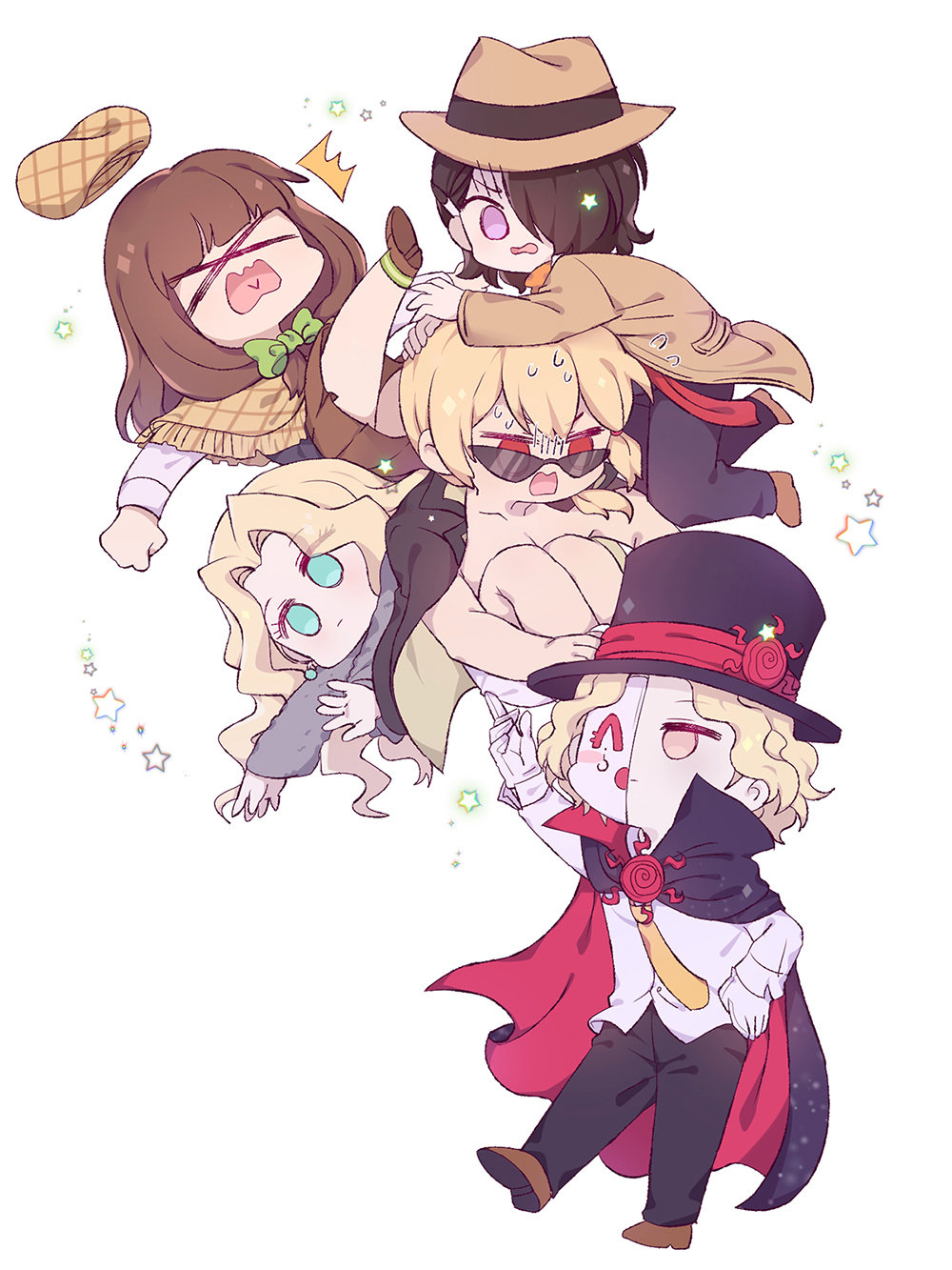 2girls, 3boys, beret, black_cape, black_hair, black_hat, black_jacket, black_pants