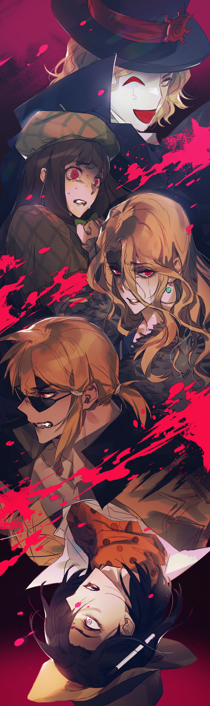 2girls, 3boys, @_@, absurdres, bad_id, bad_pixiv_id, beret, black_hair, black_hat, black_jacket, blonde_hair, blood, blood_splatter, blue_sailor_collar, bow, brown_hair, brown_hat, brown_jacket, cape, capelet, clenched_teeth, coat, danganronpa_another, dark-skinned_male, dark_skin, earrings, eyelashes, fur_coat, green_bow, hair_between_eyes, half_mask, hat, high_collar, highres, jacket, jacket_on_shoulders, jewelry, lips, long_hair, magorobi_emma, makunouchi_hajime, mask, medium_hair, multiple_boys, multiple_girls, nijiue_iroha, orange_scarf, pen, pink_blood, polka_dot, polka_dot_scarf, ponytail, purple_eyes, red_eyes, sailor_collar, sannoji_mikado, scarf, shirt, short_ponytail, single_tear, spoilers, sunglasses, super_danganronpa_another_2, sweat, tearing_up, techa_(pixiv7164124), teeth, white_shirt, yellow_eyes, yomiuri_nikei