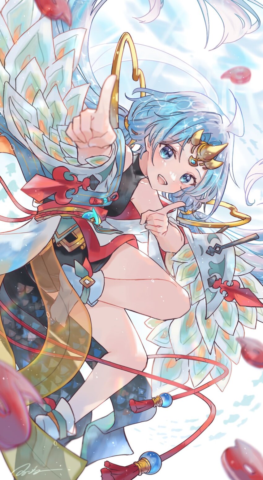 1girl, blue_eyes, blue_hair, gradient_hair, highres, horns, index_fingers_raised, japanese_clothes