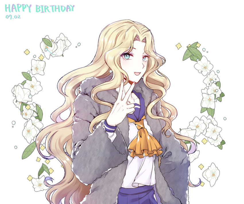 1girl, blonde_hair, blue_eyes, blue_sailor_collar, blue_skirt, coat, danganronpa_another, dated