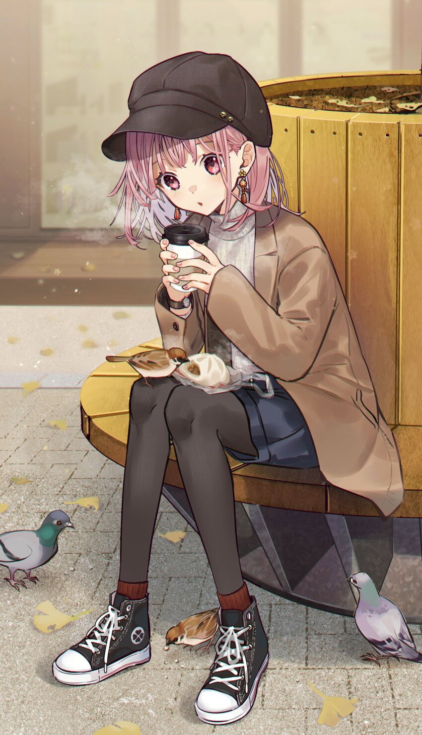 baseball_cap, black_pantyhose, black_shoes, brown_coat, coat, cup, hat, highres