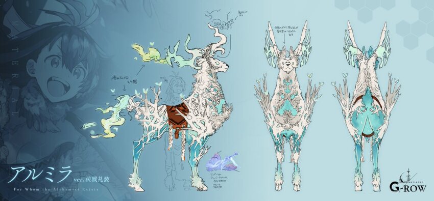 1girl, akris_(ta_ga_tame_no_alchemist), animal_focus, aqua_background, character_name, reference_sheet, commentary_request, creature, deer, from_behind, from_side, full_body, hooves, official_art, saddle, second-party_source, simple_background, spirit, straight-on, ta_ga_tame_no_alchemist, watarubou