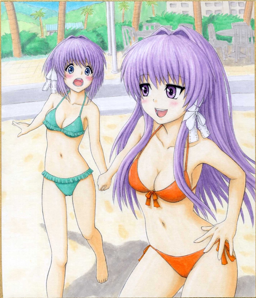 00s, 2girls, bad_id, bad_pixiv_id, barefoot, bikini, blue_eyes, blush