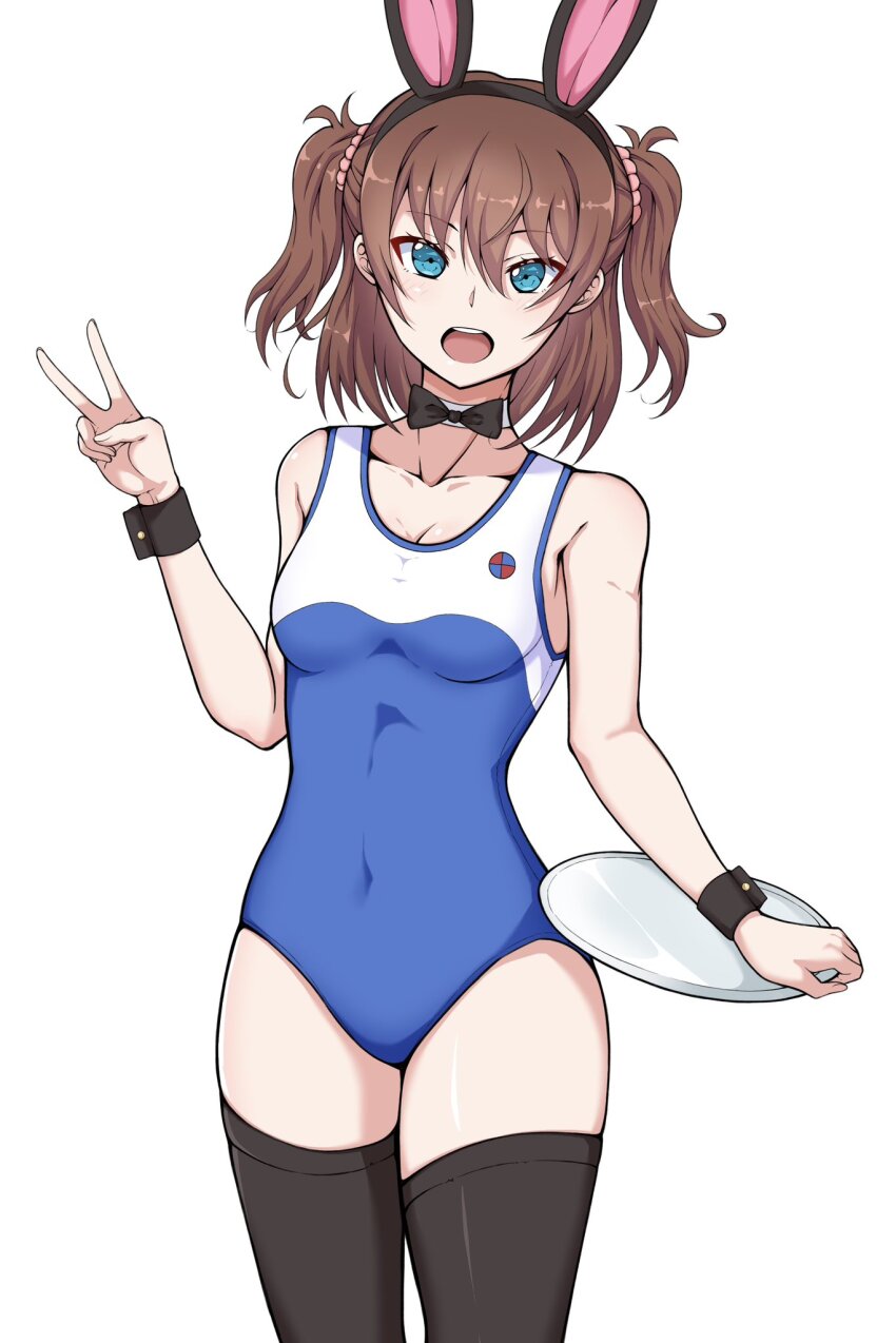 1girl, animal_ears, black_bow, black_bowtie, black_thighhighs, bow, bowtie, breasts