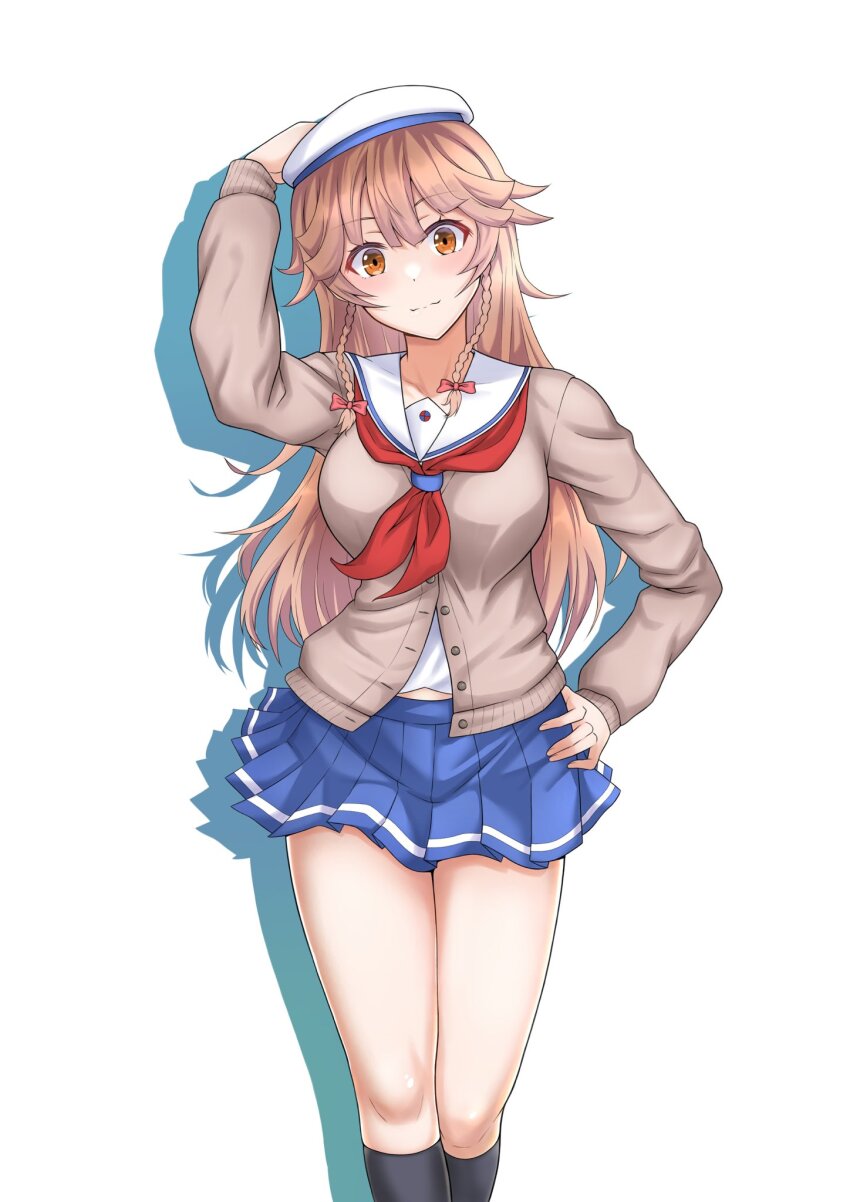 1girl, black_socks, blue_skirt, braid, brown_cardigan, brown_eyes, brown_hair, cardigan, feet_out_of_frame, high_school_fleet, highres, kaga_kanten_buchou, long_hair, neckerchief, nosa_kouko, pleated_skirt, red_neckerchief, sailor_collar, school_uniform, serafuku, simple_background, skirt, socks, solo, twin_braids, white_background, white_sailor_collar, yokosuka_girls_marine_high_school_uniform