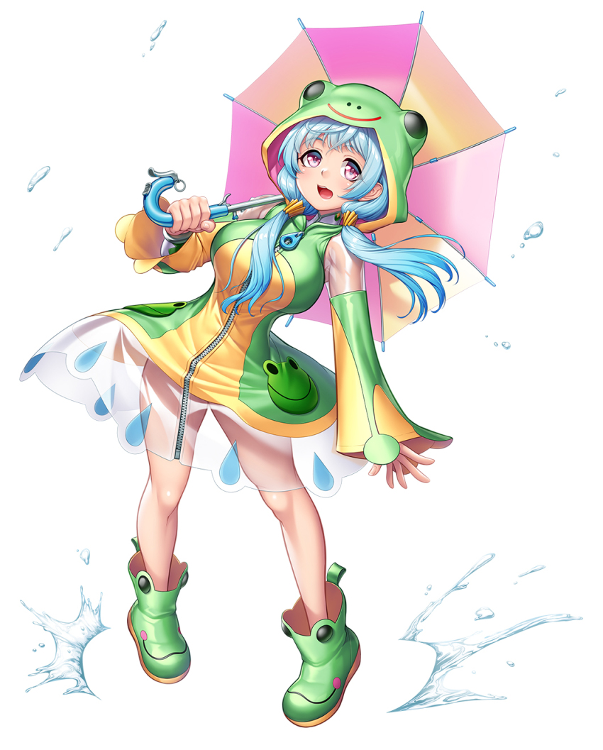 1girl, amanaki_ui, animal-themed_footwear, animal_costume, animal_hood, blue_hair, boots, breasts, frog_costume, frog_hood, green_boots, highres, holding, holding_umbrella, hood, large_breasts, long_hair, official_art, open_mouth, purple_eyes, rain, raincoat, rubber_boots, see-through_clothes, see-through_raincoat, solo, standing, taimanin_(series), taimanin_rpgx, twintails, umbrella, water, white_background, zipper, zol