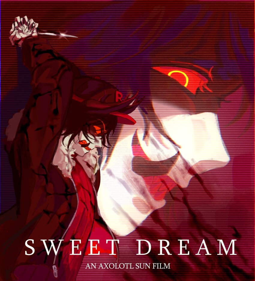 1boy, absurdres, arms_up, arthropod_boy, arthropod_horns, baseball_cap, black_hat, black_jacket, blood, blood_on_clothes, blood_on_face, clenched_teeth, colored_teeth, grin, hat, highres, holding, holding_knife, horns, jacket, knife, long_sleeves, mandibles, multiple_views, nendogiyu, perfect_blue, pest_(regretevator), red_sweater, red_teeth, regretevator, roblox, sharp_teeth, smile, sweater, teeth