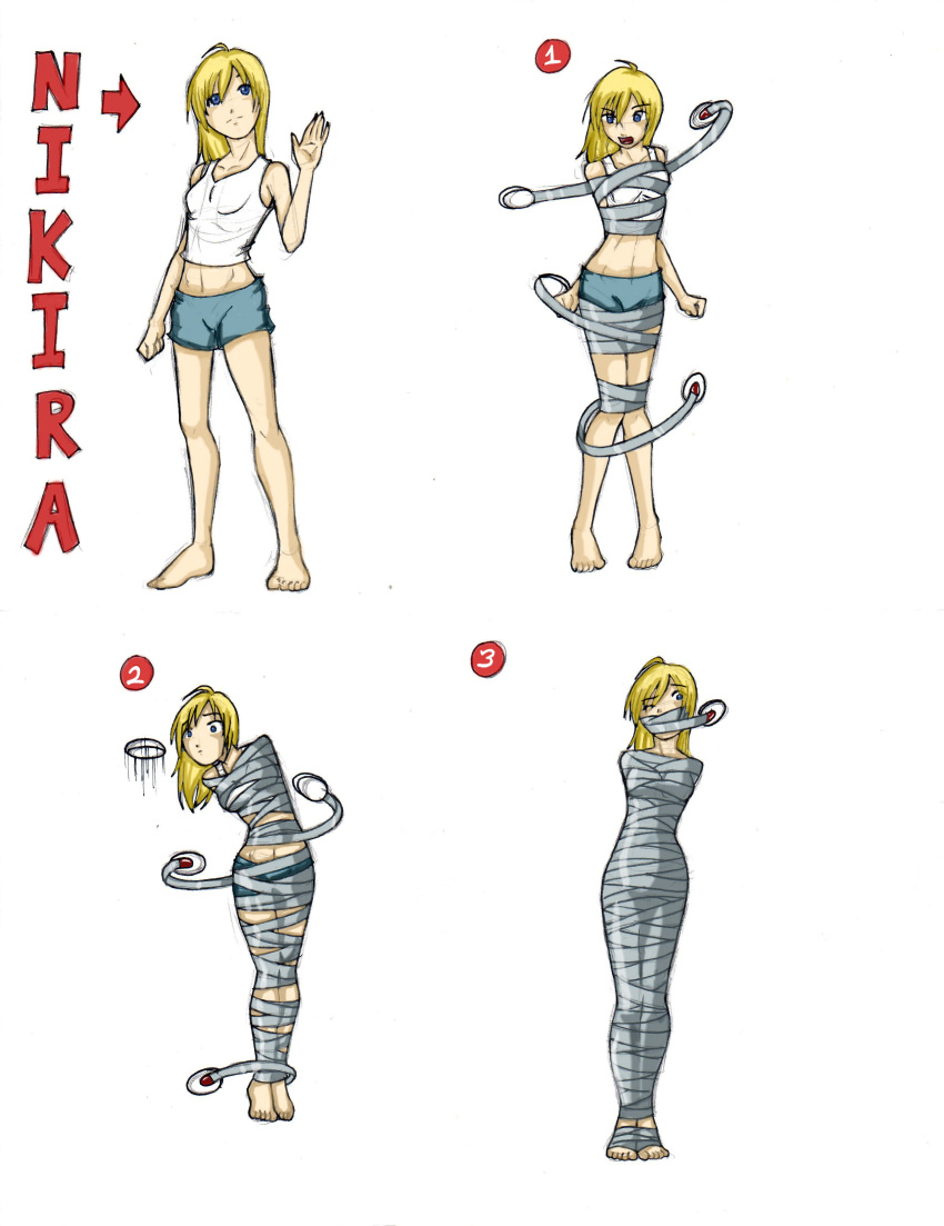 1girl, absurdres, arms_behind_back, barefoot, bdsm, bondage, bound, crop_top