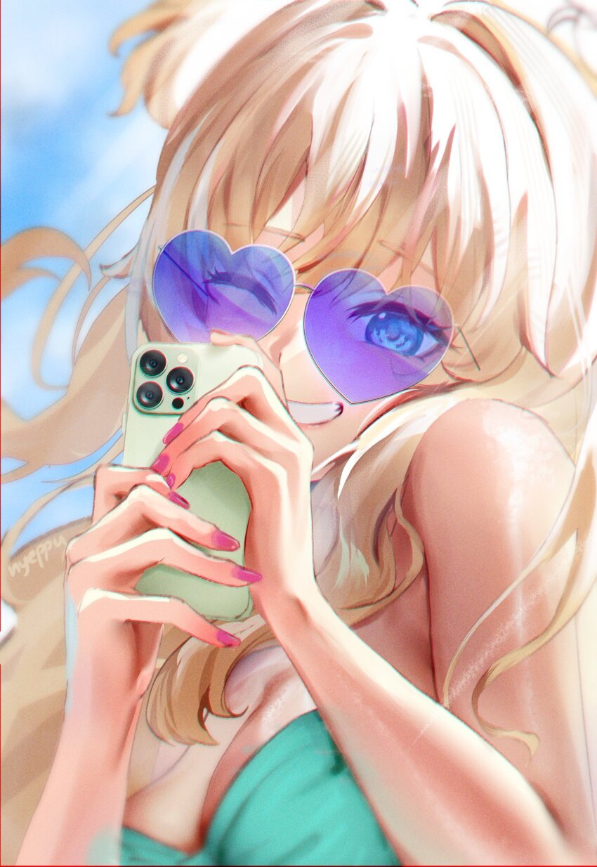 1girl, alternate_costume, bare_shoulders, blonde_hair, blue-tinted_eyewear, blue_eyes, breasts, cellphone