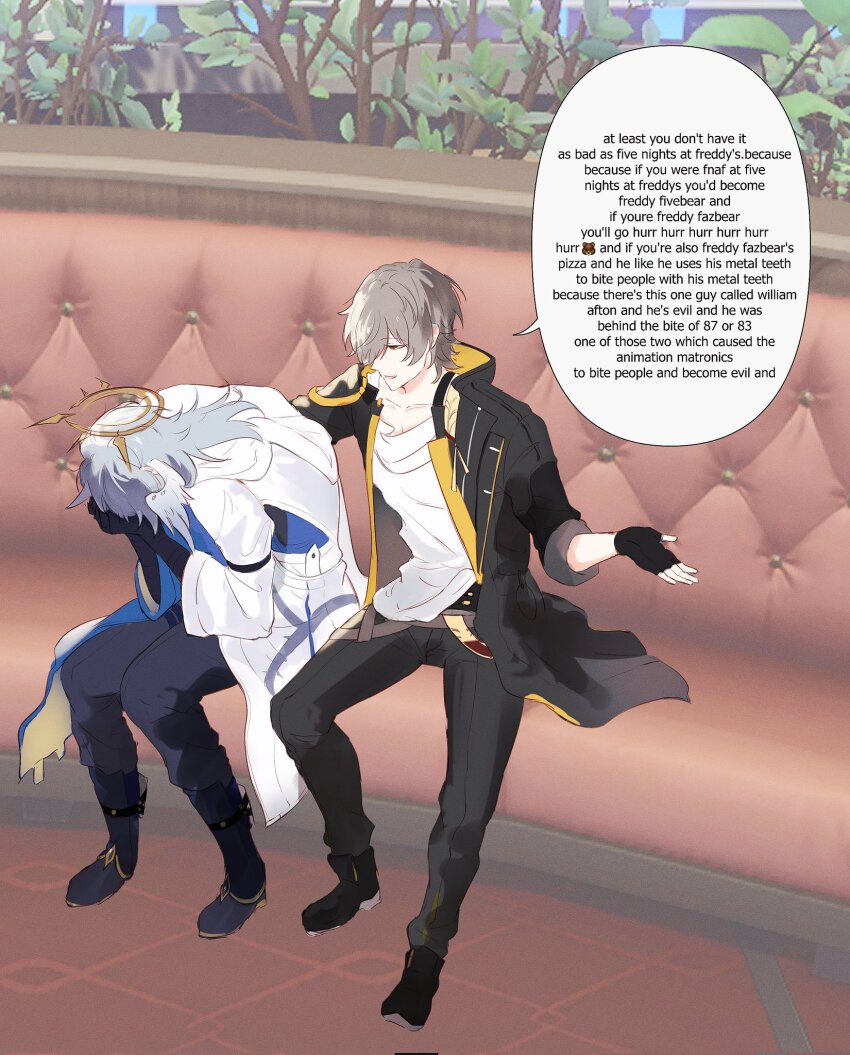 2boys, astral_express_(honkai:_star_rail), black_coat, black_footwear, black_gloves, black_pants, boots, branch