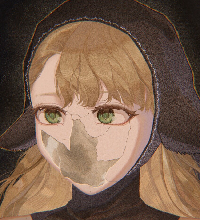 1girl, black_hood, brown_hair, commentary, cracked_skin, dungeon_meshi, elf, empty_eyes, english_commentary, green_eyes, highres, hole_in_face, long_hair, madra_(album), marcille_donato, marcille_donato_(lord), missing_nose, pointy_ears, portrait, revision, rikka_(qgirl_26), solo