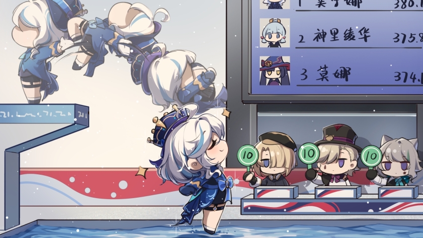 2024_summer_olympics, 2boys, 2girls, ayaka_(genshin_impact), black_gloves, black_short, blonde_hair, blue_cape