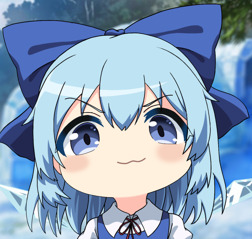 1girl, :3, aqua_hair, bilingual_commentary, blue_bow, blue_dress, blue_eyes, bow, chinese_commentary, cirno, collared_shirt, commentary_request, dress, hair_between_eyes, hair_bow, looking_at_viewer, medium_hair, mixed-language_commentary, mutsuki_face_(blue_archive), neck_ribbon, portrait, red_ribbon, ribbon, shirt, solo, touhou, v-shaped_eyebrows, white_shirt, yige_lurenjia