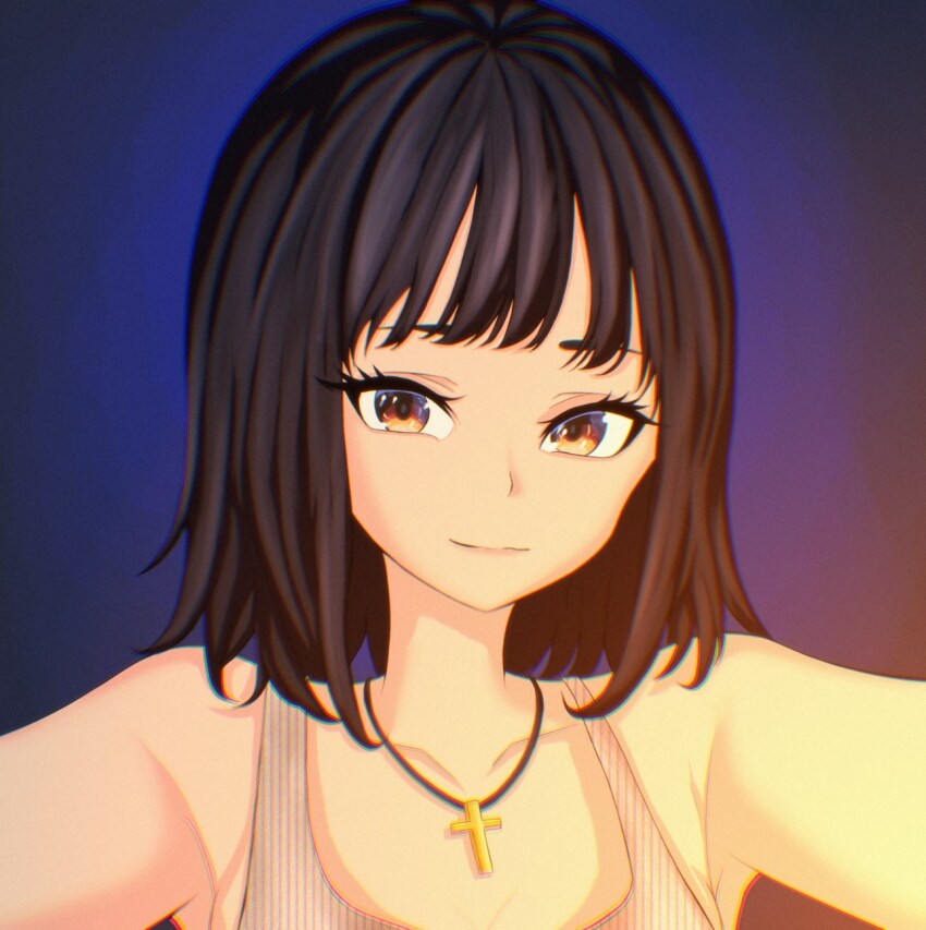 1girl, black_hair, breasts, brown_eyes, chromatic_aberration, closed_mouth, cousins, drintrava