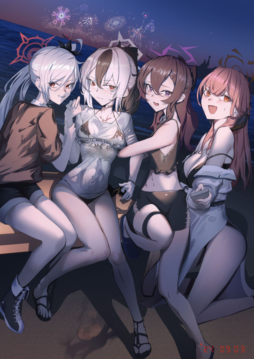 4girls, absurdres, aerial_fireworks, arm_hug, aru_(blue_archive), asymmetrical_bangs, bare_shoulders, bikini, black_bikini, black_choker, black_horns, black_shorts, blue_archive, blush, boots, bracelet, breasts, brown_hair, brown_horns, choker, cleavage, collarbone, controller, covered_navel, demon_horns, demon_wings, denim, denim_shorts, fireworks, grey_halo, grin, hair_between_eyes, hair_ornament, hair_over_shoulder, hairclip, halo, hand_on_another's_arm, haruka_(blue_archive), highres, holding, holding_controller, holding_remote_control, horn_ornament, horns, jewelry, kayoko_(blue_archive), kneeling, large_breasts, long_hair, long_sleeves, looking_at_viewer, midriff, mole, mole_on_collarbone, multicolored_hair, multiple_girls, mutsuki_(blue_archive), narrow_waist, navel, night, ocean, off-shoulder_shirt, off_shoulder, open_clothes, open_mouth, outdoors, parted_lips, pink_hair, pink_halo, ponytail, problem_solver_68_(blue_archive), purple_eyes, purple_halo, red_eyes, red_halo, remote_control, saigakobaru, sand, sandals, see-through_clothes, selfie, shirt, shorts, side_ponytail, single_wing, sitting, smile, strap_slip, streaked_hair, sweat, swimsuit, thigh_strap, thighs, toeless_footwear, twisted_torso, two-tone_hair, wet, wet_clothes, wet_shirt, white_hair, wings