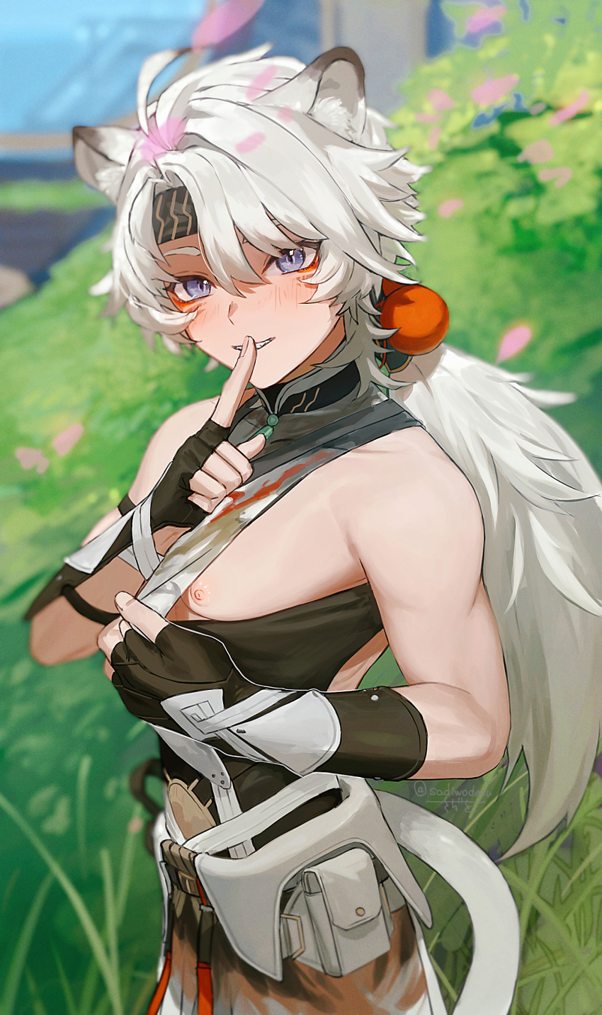 1boy, absurdres, animal_ears, bare_shoulders, black_gloves, black_headband, finger_to_mouth, fingerless_gloves