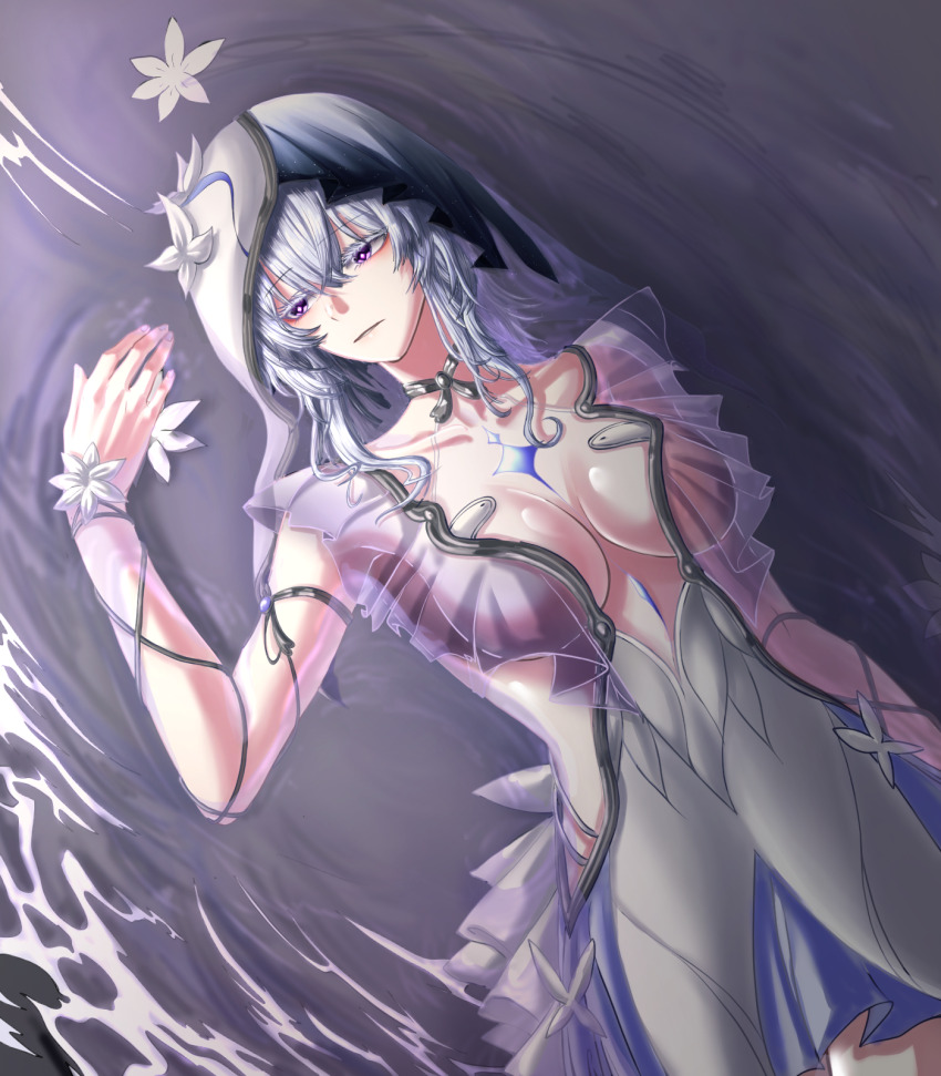 1girl, armlet, blue_hair, blue_veil, breasts, colored_eyelashes, commentary_request, dress