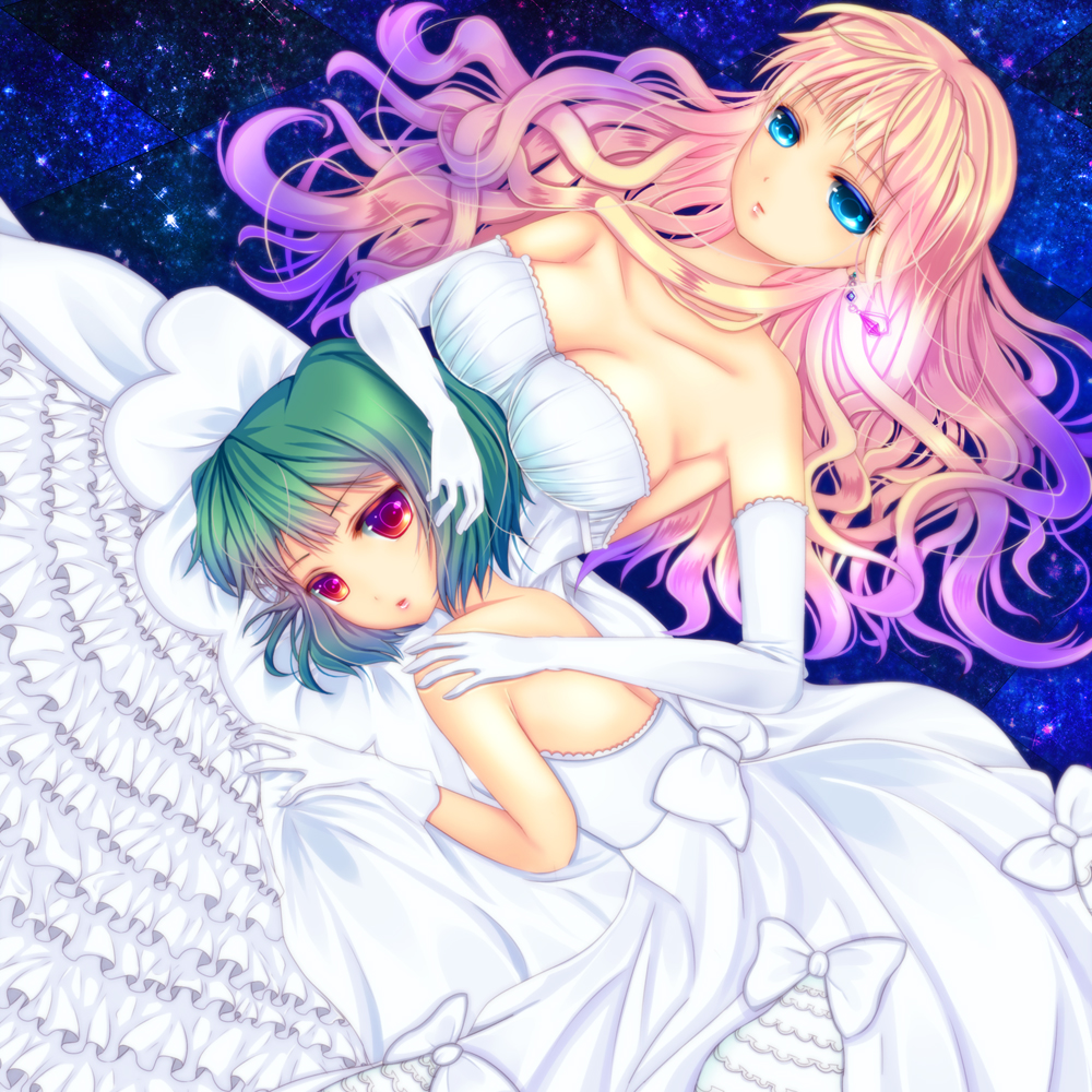 2girls, bare_shoulders, blonde_hair, blue_eyes, bow, breasts, cleavage, collarbone