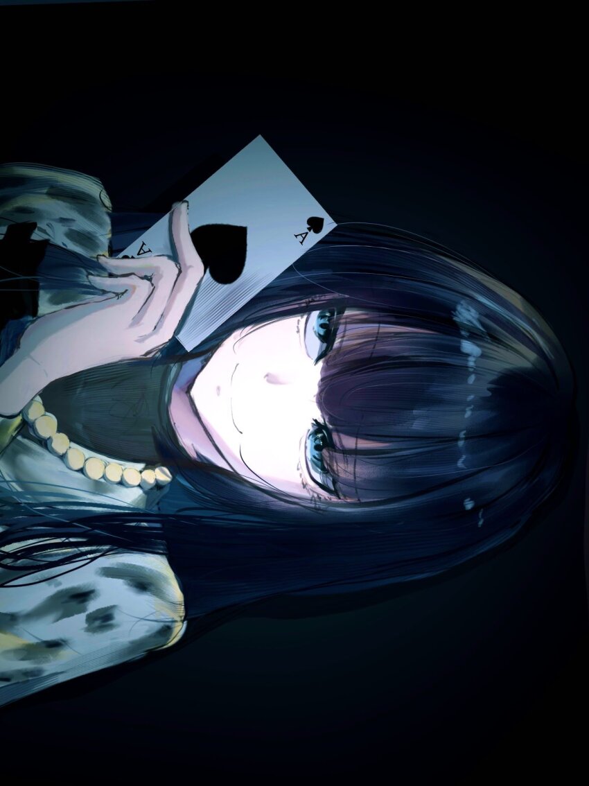1girl, ace_(playing_card), ace_of_spades, ado_(utaite), bead_necklace, beads, blue_eyes, blue_hair