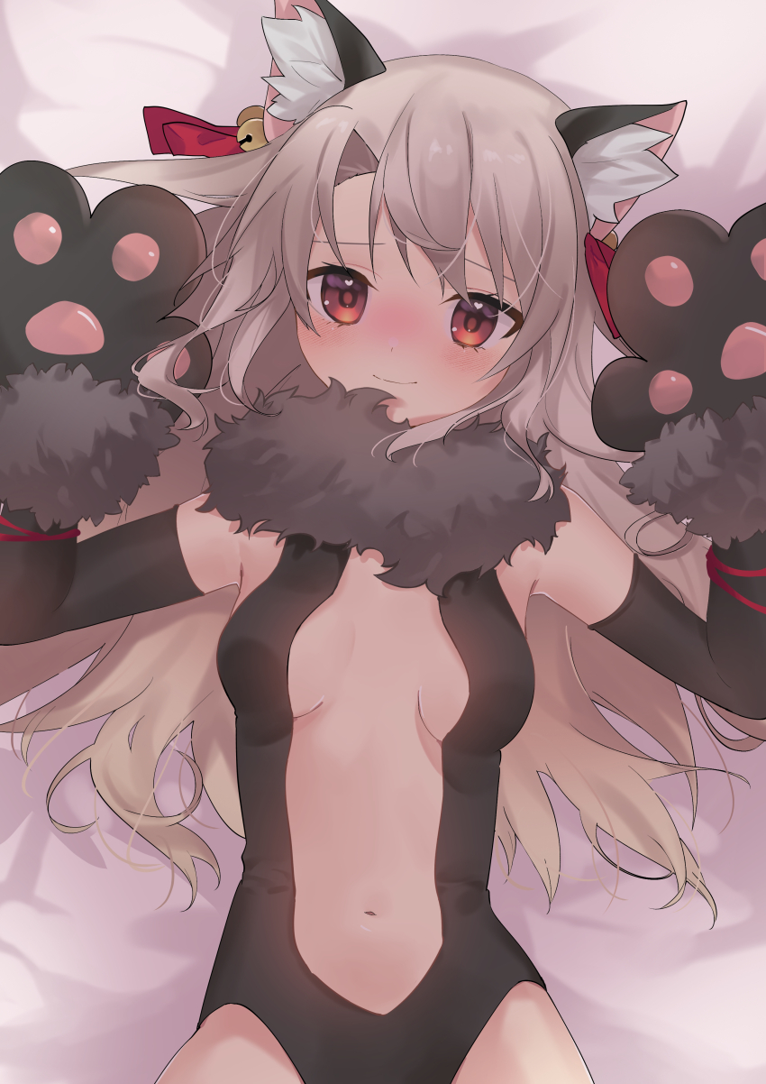 1girl, absurdres, akaneko016, animal_ear_fluff, animal_ears, animal_hands, bare_shoulders, bell, black_gloves, black_leotard, blush, breasts, cat_ears, center_opening, elbow_gloves, fake_animal_ears, fate/kaleid_liner_prisma_illya, fate_(series), fur_collar, gloves, hair_ribbon, highres, illyasviel_von_einzbern, illyasviel_von_einzbern_(beast_style), jingle_bell, leotard, long_hair, looking_at_viewer, navel, paw_gloves, red_eyes, ribbon, sidelocks, small_breasts, solo, white_hair