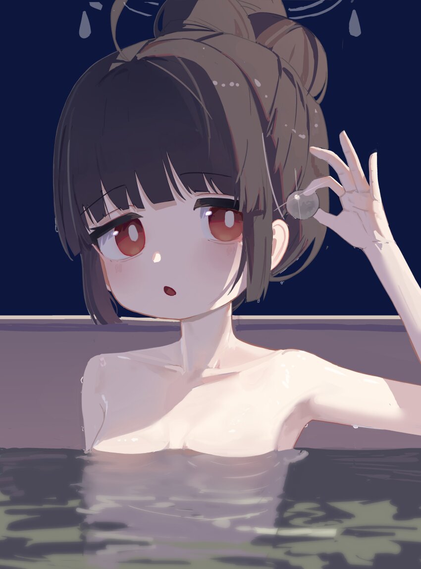 1girl, absurdres, bathing, blue_archive, breasts, brown_hair, collarbone, flat_chest