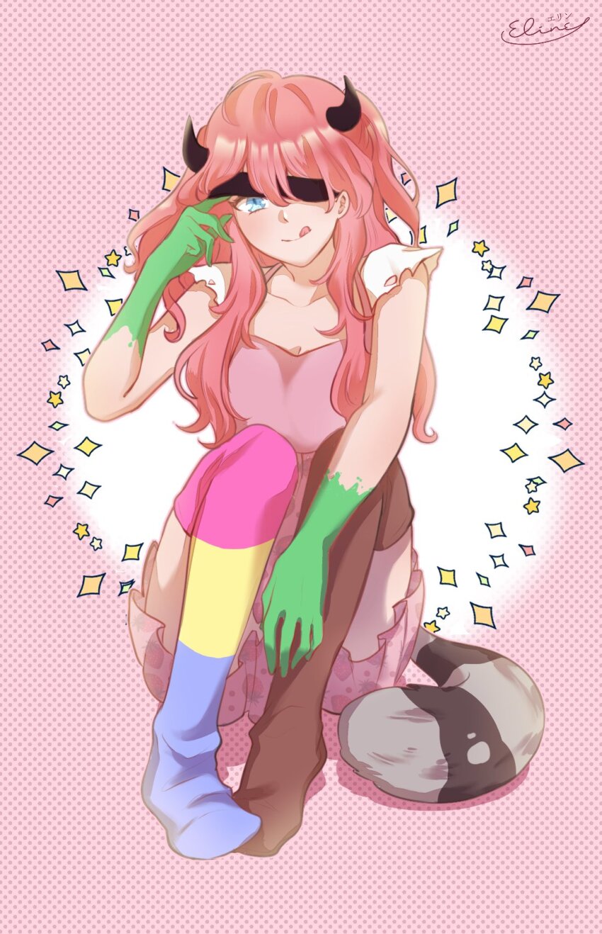 1girl, :q, afterlife_smp, animification, blindfold, blindfold_lift, blue_eyes, breasts, brown_thighhighs, chimerism, cleavage, colored_skin, commentary, demon_horns, dress, elineyuhu, english_commentary, food_print, fruit_print, fusion, green_skin, highres, horns, ldshadowlady, ldshadowlady_(enigma), long_hair, minecraft_youtube, monster_girl, multicolored_skin, pansexual_flag, pink_hair, print_dress, raccoon_tail, signature, sitting, solo, sparkle, strawberry_print, tail, thighhighs, tongue, tongue_out, two-tone_skin, two_side_up