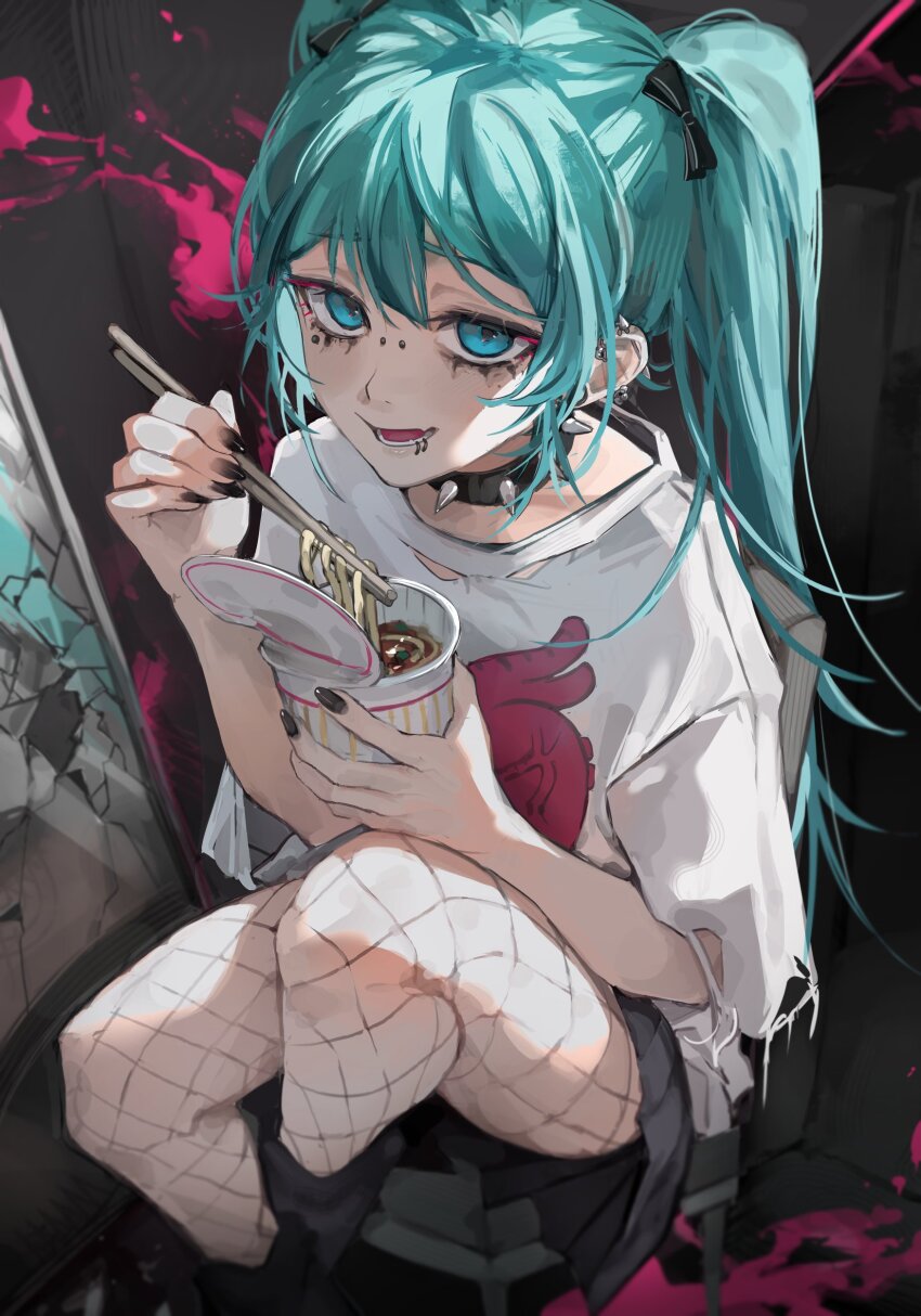 absurdres, aqua_eyes, aqua_hair, chopsticks, fishnets, hatsune_miku, highres, instant_cup_noodles
