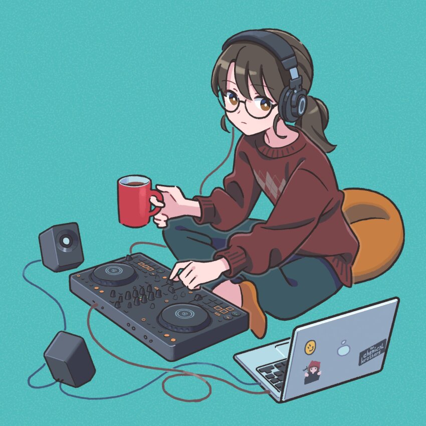 1girl, black-framed_eyewear, blue_background, brown_eyes, brown_hair, controller, cup, game_controller