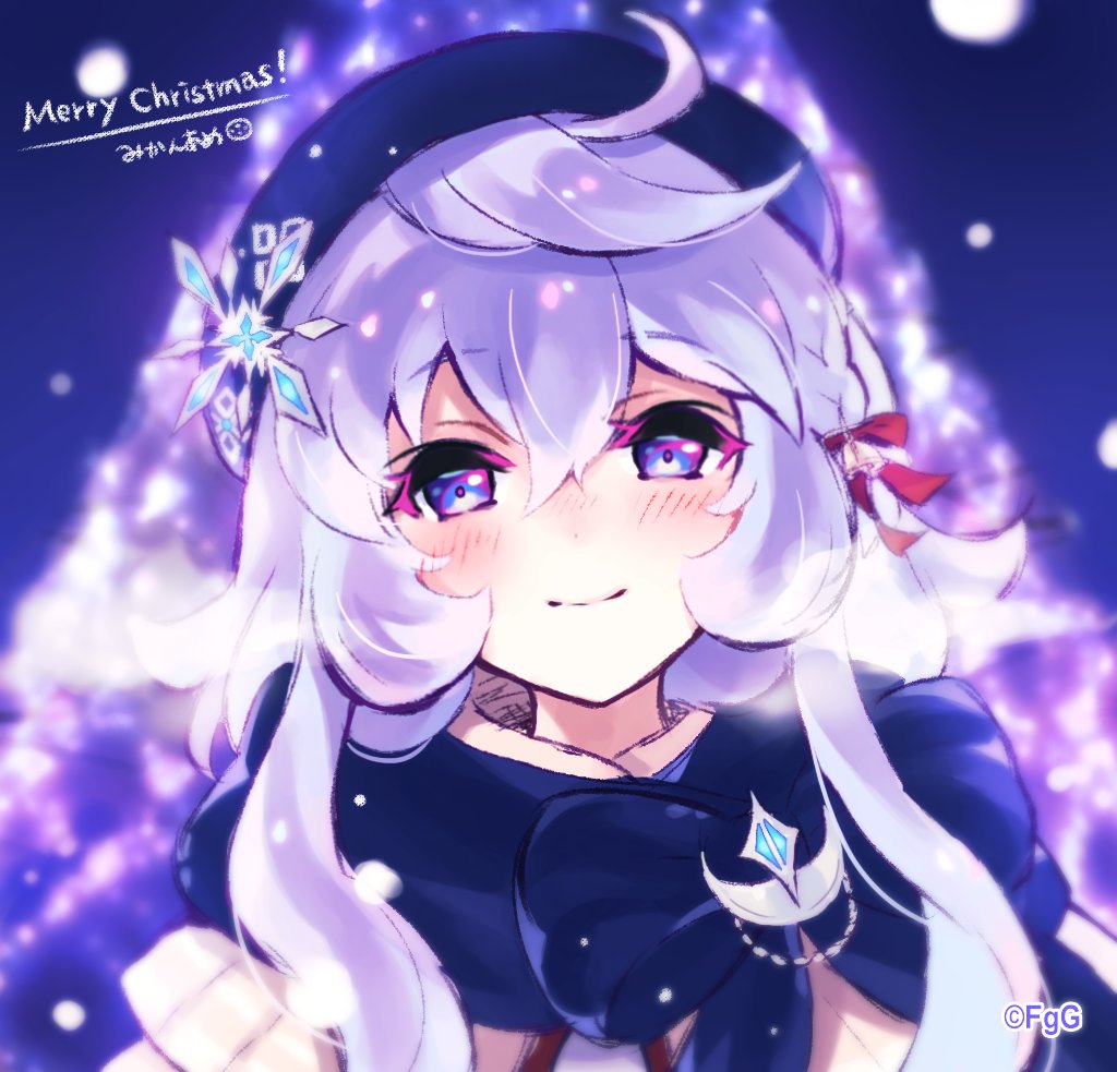 1girl, ahoge, artist_name, blue_eyes, blue_hat, blue_scarf, blush, closed_mouth