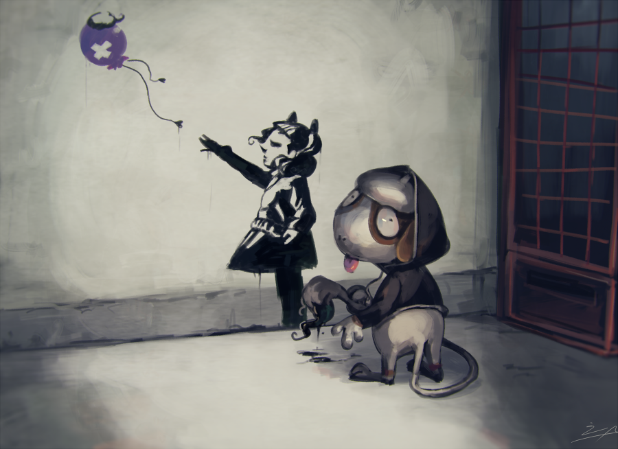 animal_focus, balloon, banksy, clothed_pokemon, crossover, drifloon, floating, gen_2_pokemon, gen_4_pokemon, graffiti, holding, koto_inari, nintendo, paint, paintbrush, parody, pokemon, pokemon_(creature), smeargle, tongue, tongue_out