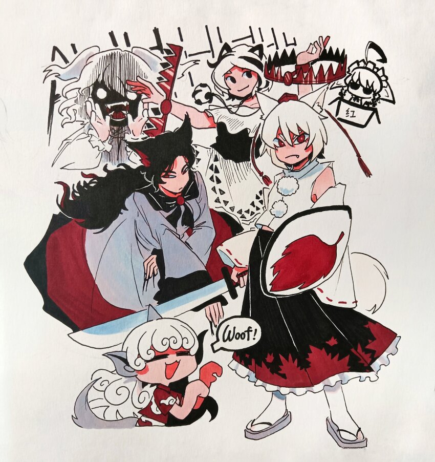 6+girls, :d, =_=, absurdres, ahoge, animal_ear_fluff, animal_ears, bear_trap