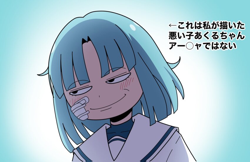 1girl, ado_(utaite), bandaid, bandaid_on_face, blue_background, blue_hair, blush, chibi