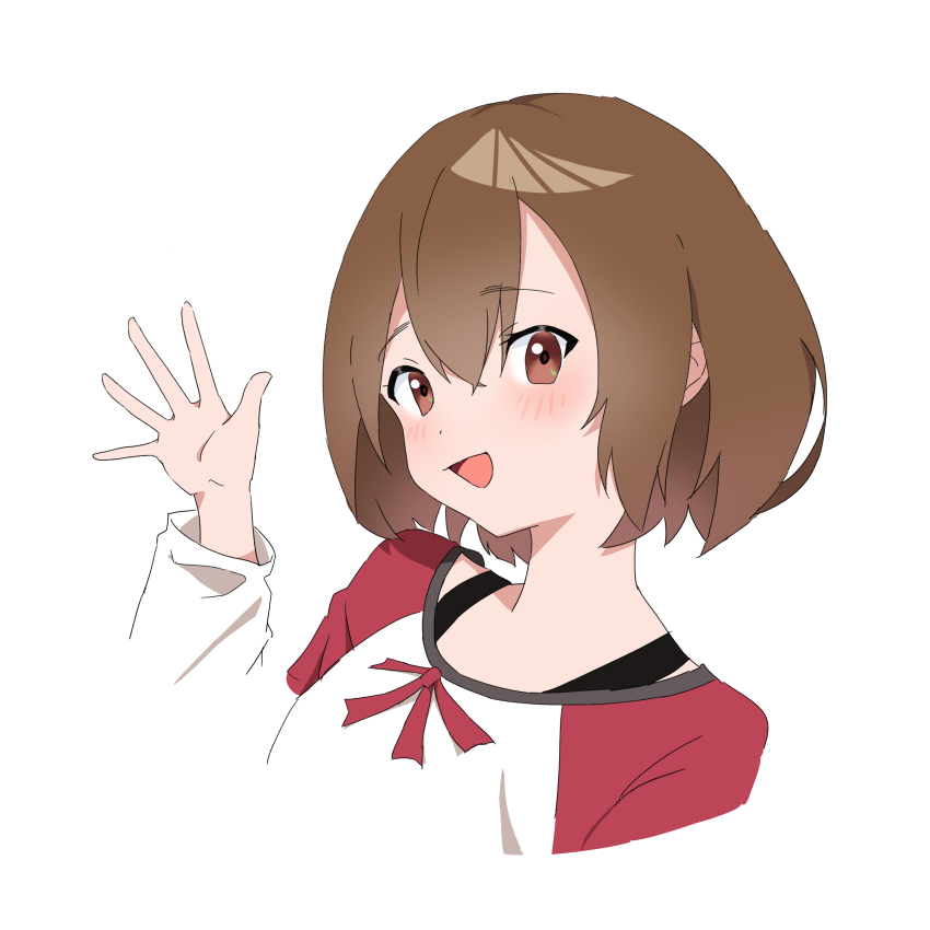 1girl, absurdres, blush, brown_eyes, brown_hair, commentary, cropped_torso, hair_between_eyes, hand_up, highres, kouzuki_mahiru, long_sleeves, looking_at_viewer, open_mouth, sakura_nia, short_hair, simple_background, solo, upper_body, waving, white_background, yoru_no_kurage_wa_oyogenai