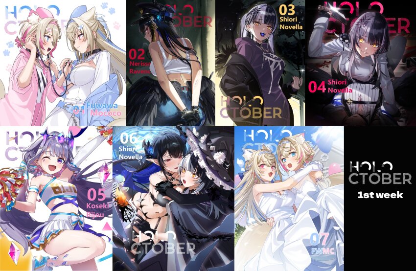 5girls, ;d, after_kiss, alternate_costume, animal_ear_fluff, animal_ears, asymmetrical_horns, bandaid