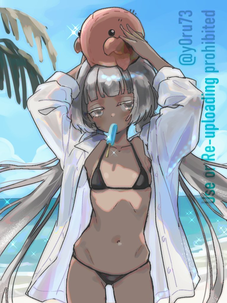 1girl, arms_up, bikini, black_bikini, blunt_bangs, blush, bongy_(project_moon), breasts, charon_(project_moon), collarbone, commentary_request, cowboy_shot, dark-skinned_female, dark_skin, day, dress_shirt, food, food_in_mouth, grey_eyes, grey_hair, hair_intakes, jitome, limbus_company, loli, long_hair, looking_at_viewer, micro_bikini, navel, open_clothes, open_shirt, outdoors, palm_tree, popsicle, popsicle_in_mouth, project_moon, shirt, small_breasts, solo, sparkle, swimsuit, tree, twitter_username, very_long_hair, water, watermark, white_shirt, y0ru73
