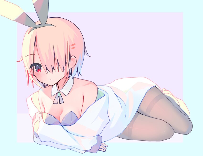 10_(sei), animal_ears, black_pantyhose, blonde_hair, breasts, coat, detached_collar, fake_animal_ears