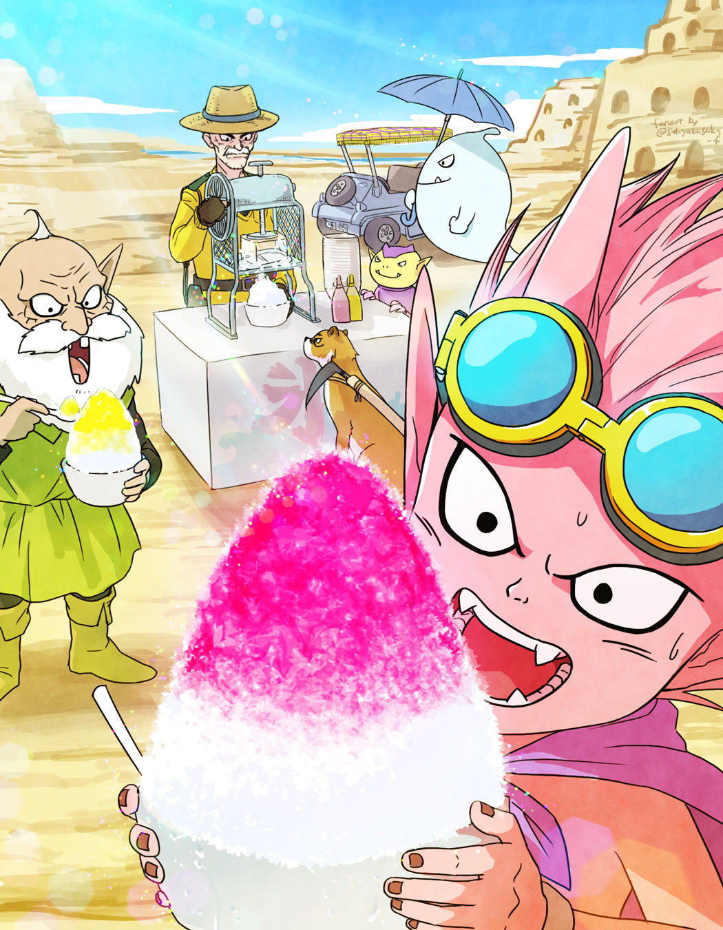 6+boys, balding, beard, beelzebub_(sand_land), black_eyes, black_nails, cape, character_request