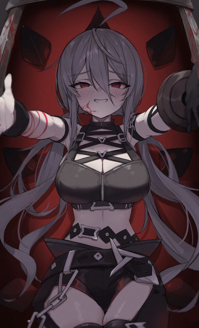 1girl, absurdres, ahoge, alternate_breast_size, arm_strap, armpits, bare_shoulders, belt