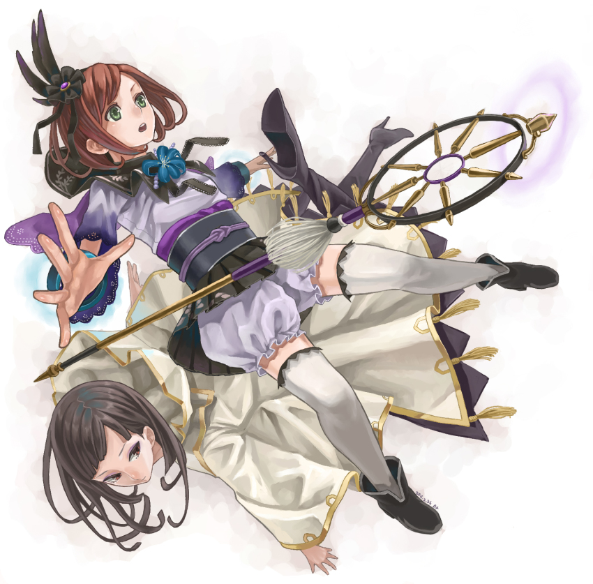 2girls, aya_(sengoku_musou), black_hair, bloomers, brown_eyes, brown_hair, female_focus, flower