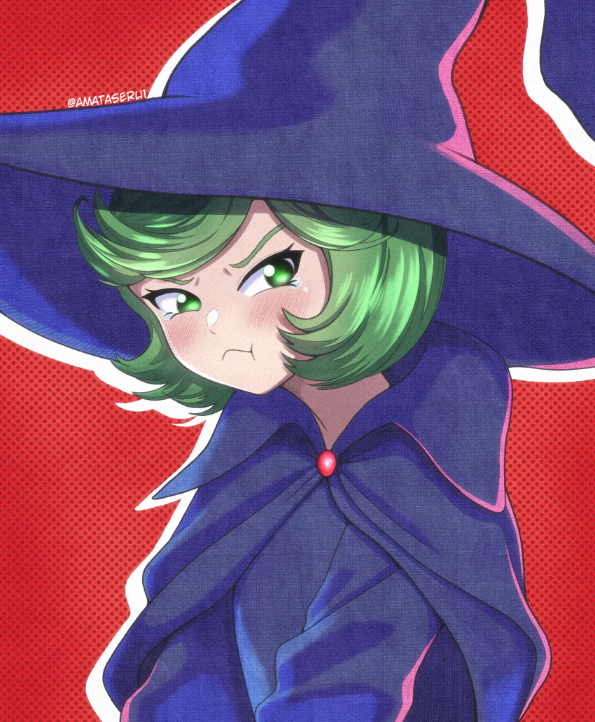 1girl, absurdres, amaterasu_(amaterasu1), berserk, blue_cloak, blue_hat, blue_robe, blush