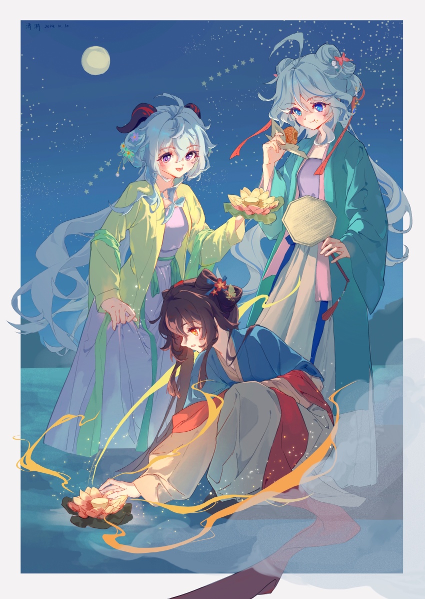 3girls, absurdres, ahoge, alternate_costume, alternate_hairstyle, bad_source, blue_eyes, blue_hair