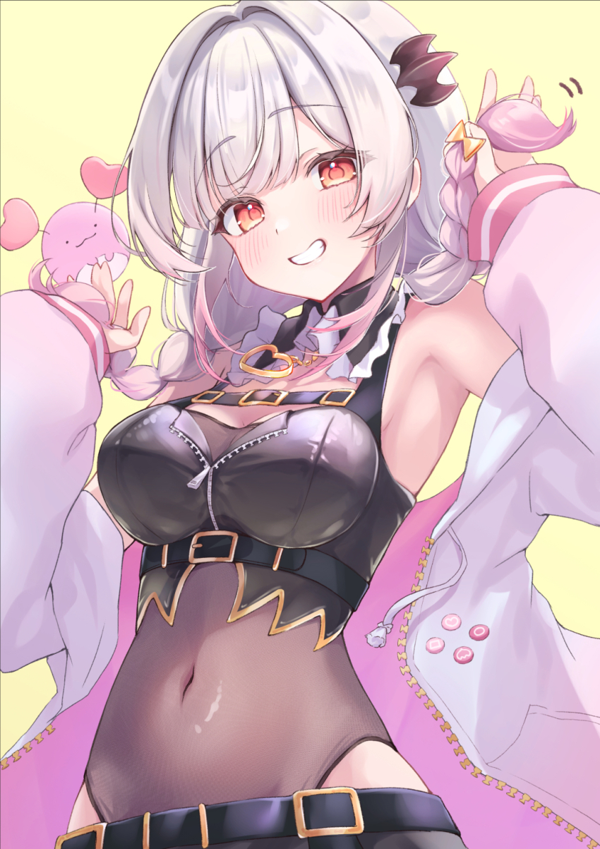 1girl, bat_hair_ornament, belt, black_belt, black_tube_top, blush, braid, breasts