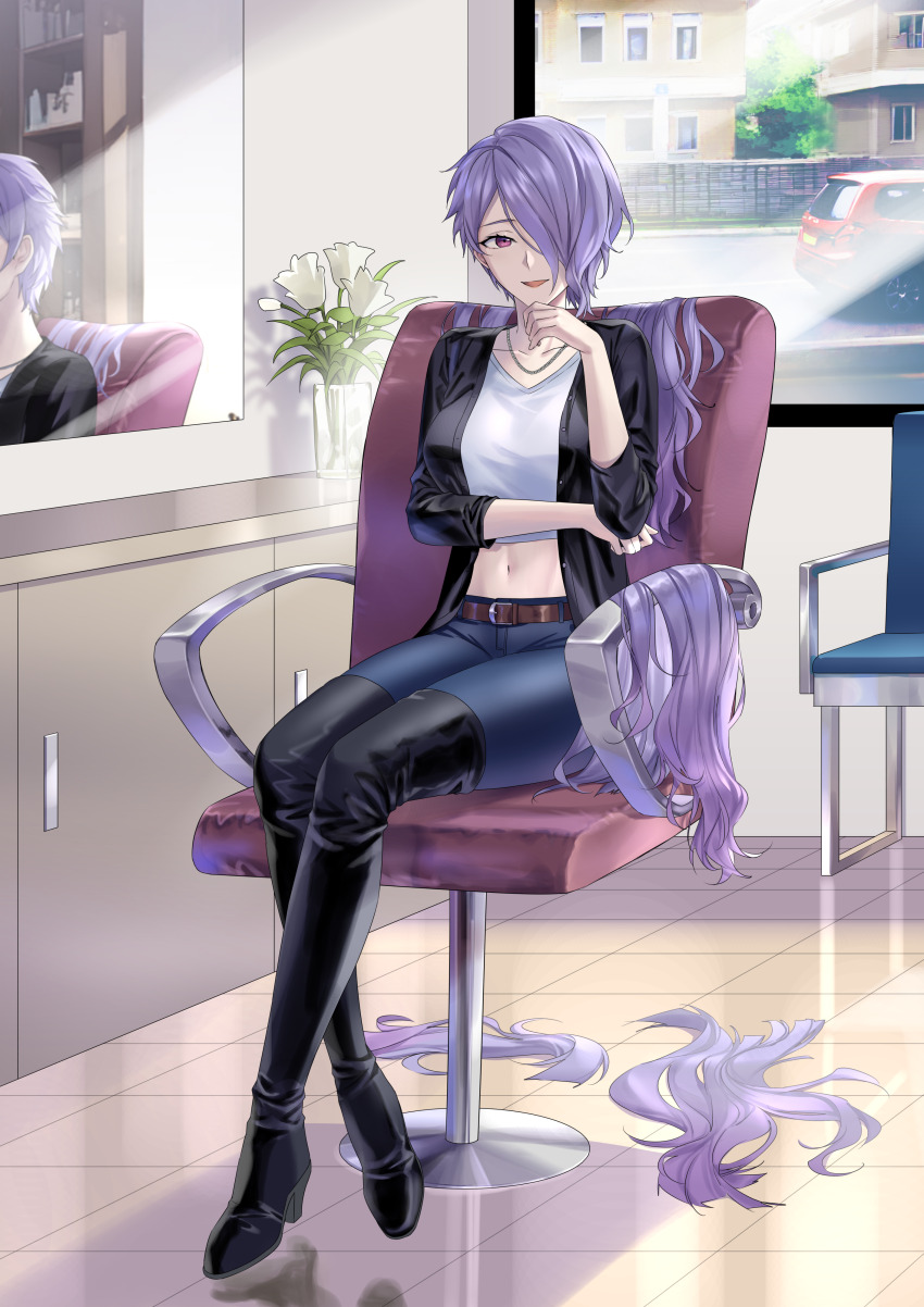 1girl, absurdres, alternate_hairstyle, barber_chair, belt, black_shirt, boots, breasts