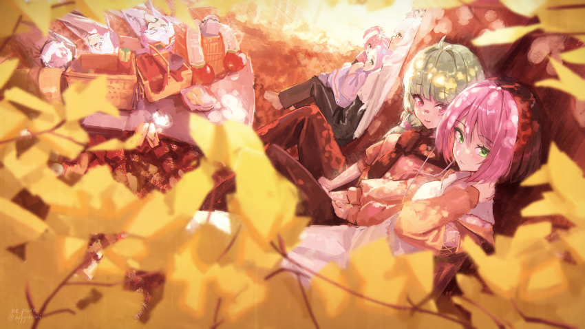 1boy, 6+girls, aiko_(osu!), alisa_(osu!), aqua_eyes, artist_name, autumn, black_hair