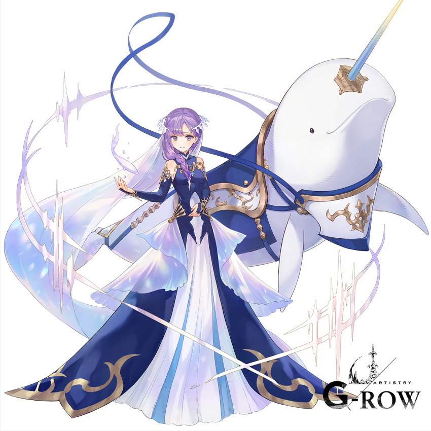 1girl, 1other, bare_shoulders, beluga_whale, blue_dress, braid, breasts, closed_mouth, commentary_request, creature, dress, floating, floating_headgear, full_body, hair_behind_ear, hair_over_shoulder, headgear, highres, long_hair, long_skirt, medium_breasts, multicolored_eyes, nikaia_(ta_ga_tame_no_alchemist), official_art, purple_eyes, saddle, second-party_source, selsieg_(spirit_beast)_(ta_ga_tame_no_alchemist), simple_background, skirt, smile, standing, ta_ga_tame_no_alchemist, to_maru, two-tone_eyes, white_background, yellow_eyes
