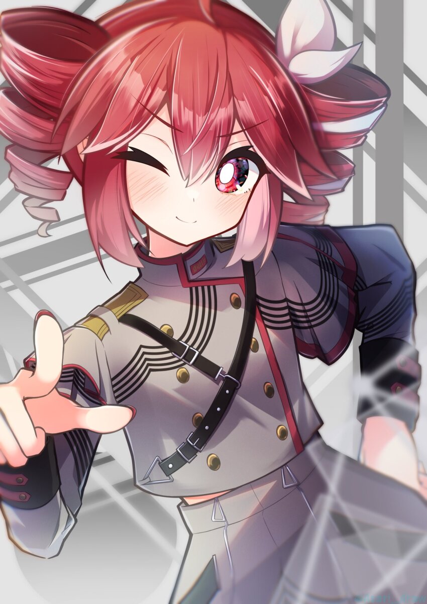 1girl, ahoge, asari_draw, belt, black_belt, blush, bow, buttons